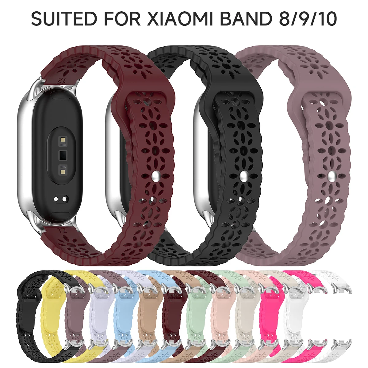 Ausgehöhltes Silikonarmband für Xiaomi Miband 10 9 8, weiches, dünnes, floral graviertes Armband für Miband 10 9 8 NFC, atmungsaktives Band