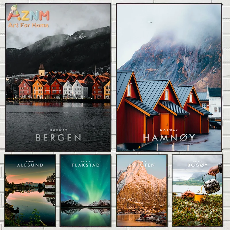 AZNM Norway Lofoten Fjord Landscape Canvas Poster Frameless Wall Art Bergen Hamnøy Aurora Northern Lights Nordic Village Travel