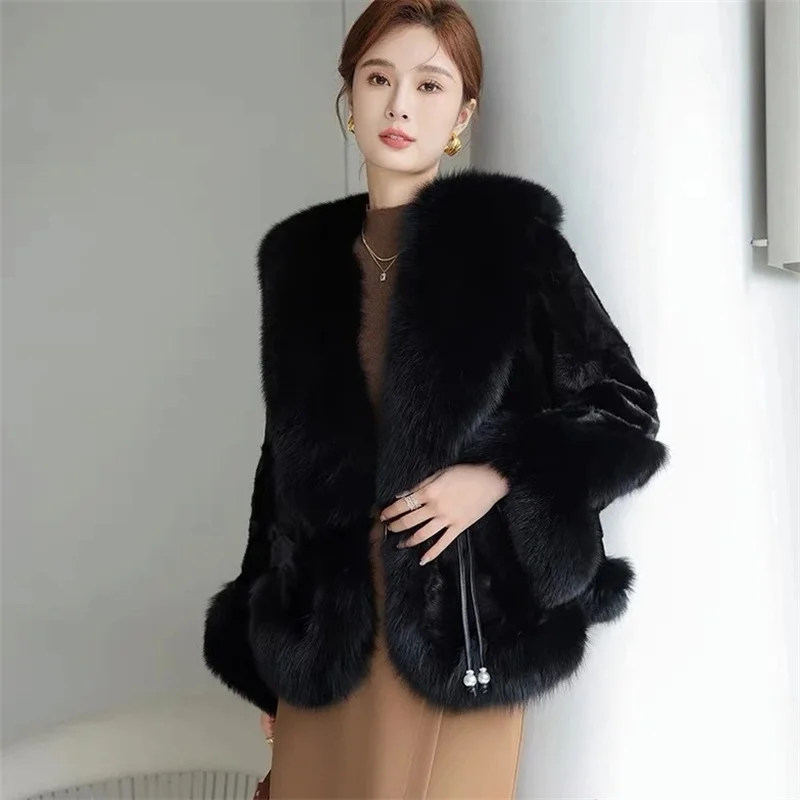 High-End Nachahmung Nerz Pelzmantel Frauen Herbst Winter Fuchs Pelz Farbe Verdicken Warme Pelz Jacke Edle Damen Schwarz Mantel