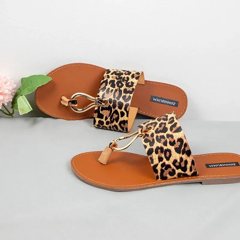 New Leather Sandals Women Summer Shoes Flat Bottom Open Toe Outside Beach Fashion Leopard Ladies Slides Big Size 36-41