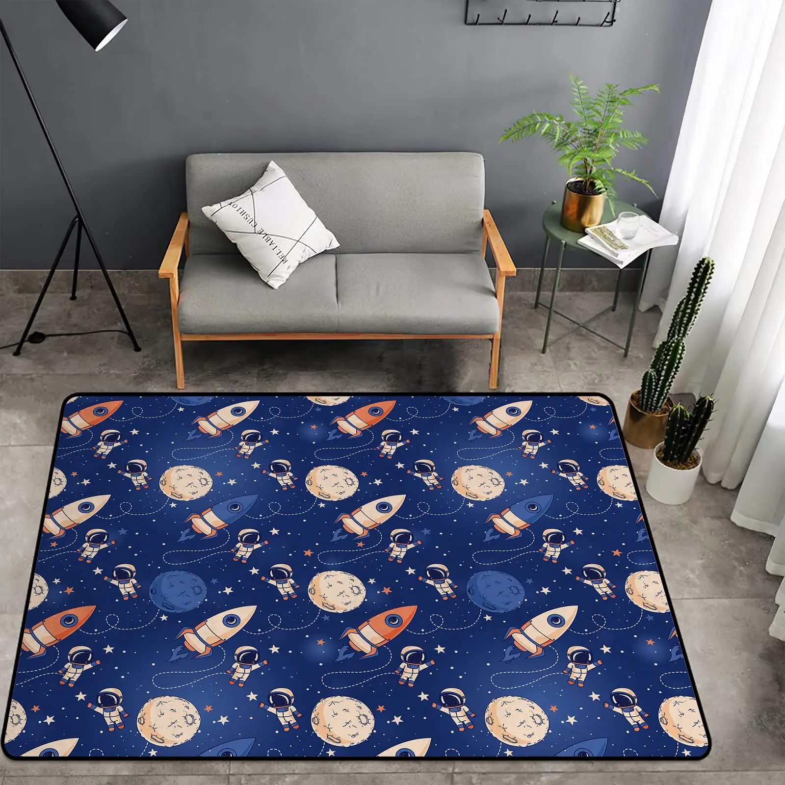 Cartoon Astronaut Carpet Outer Space Universe Planet Area Rug for Kids Boy Playroom Classroom Living Room Decor Non-slip Doormat