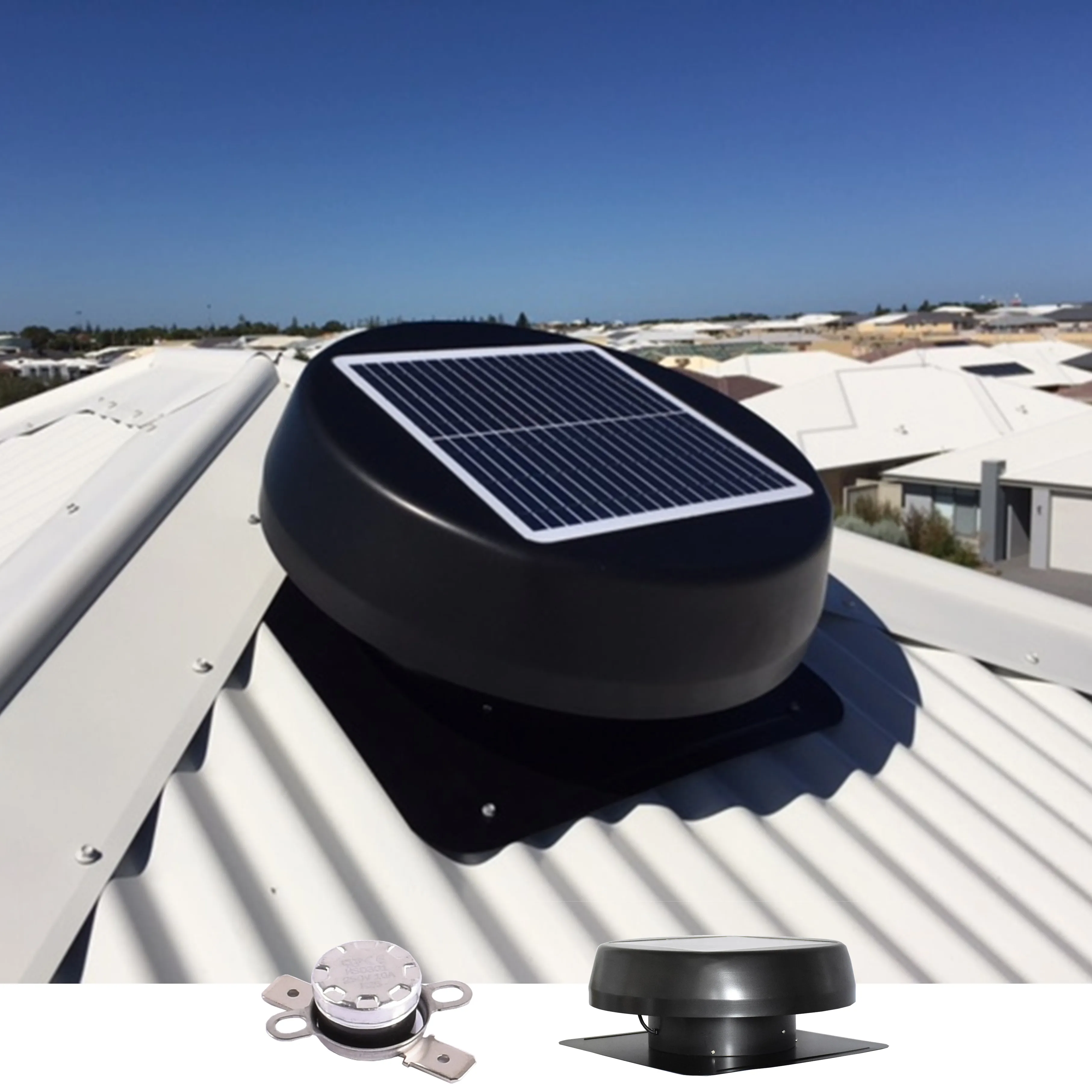 

Eco Vents Thermostatic Roof Turbine Power-Free Home Ventilation Attic Exhaust Fan Ceiling Air Circulator Solar DC Heat Extractor