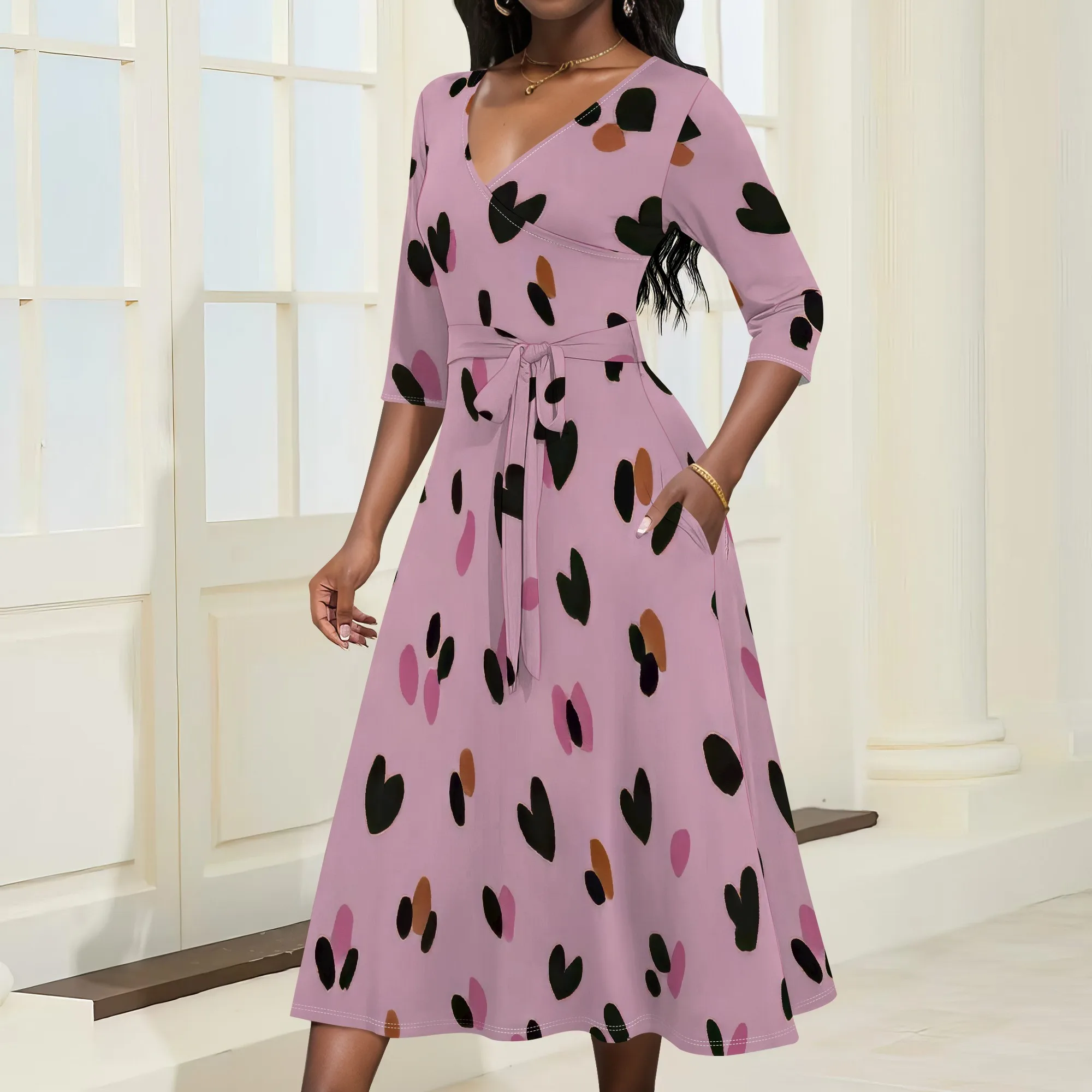 สตรีชุดแม็กซี่ฤดูร้อนลําลองขนาดบวกเซ็กซี่วอร์ปคอวีแขน 3/4 Sundress กับกระเป๋า