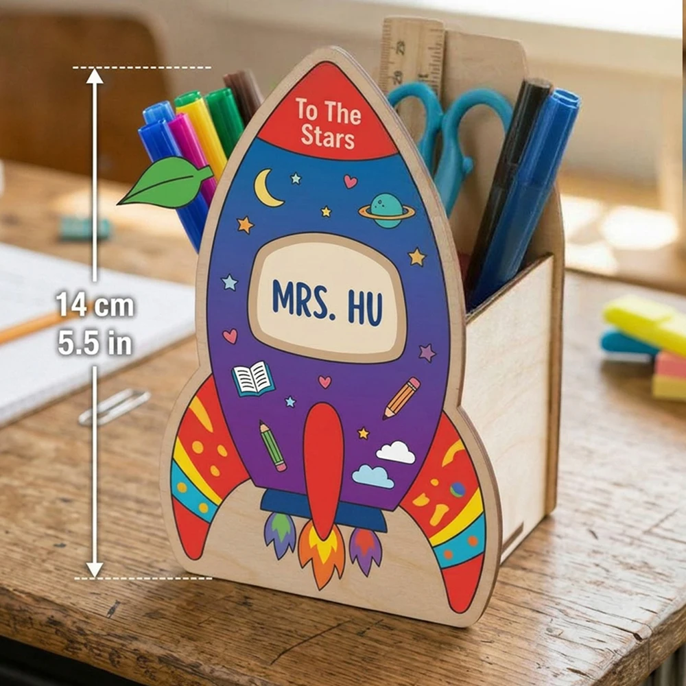Personalized,Custom Rocket Wooden Pen Holder,Cute Space Planet Print,Custom Teacher Name,Back To School,Teachers,Classroom Desk