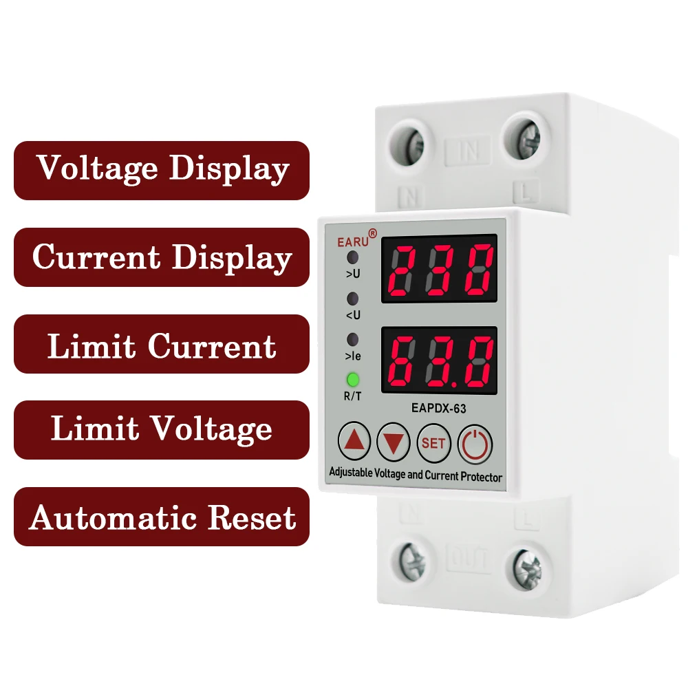 Din Rail Dual Display Adjustable Over Voltage Current and Under Voltage Protective Device Protector Relay 40A 63A 80A 220V 230V