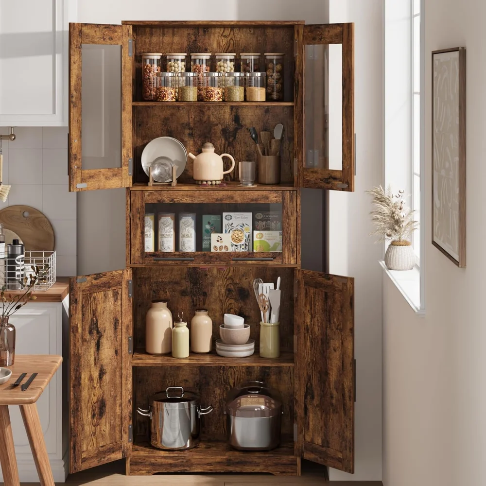 

Pantry Cabinet, Tall Bathroom Storage Cabinet with Glass Doors and Adjustable Shelf, Freestanding Cupboard