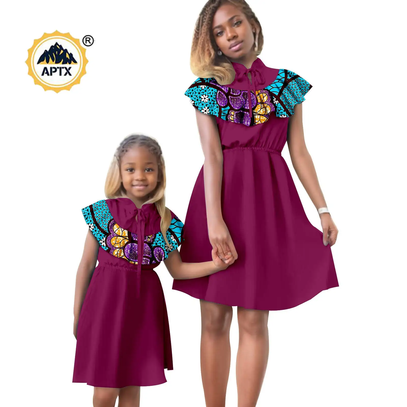African Sweet Lace-up Print Dresses for Women and Girl Dashiki Couple Clothes Mom and Daughter Outwear Family Outfits 25F010