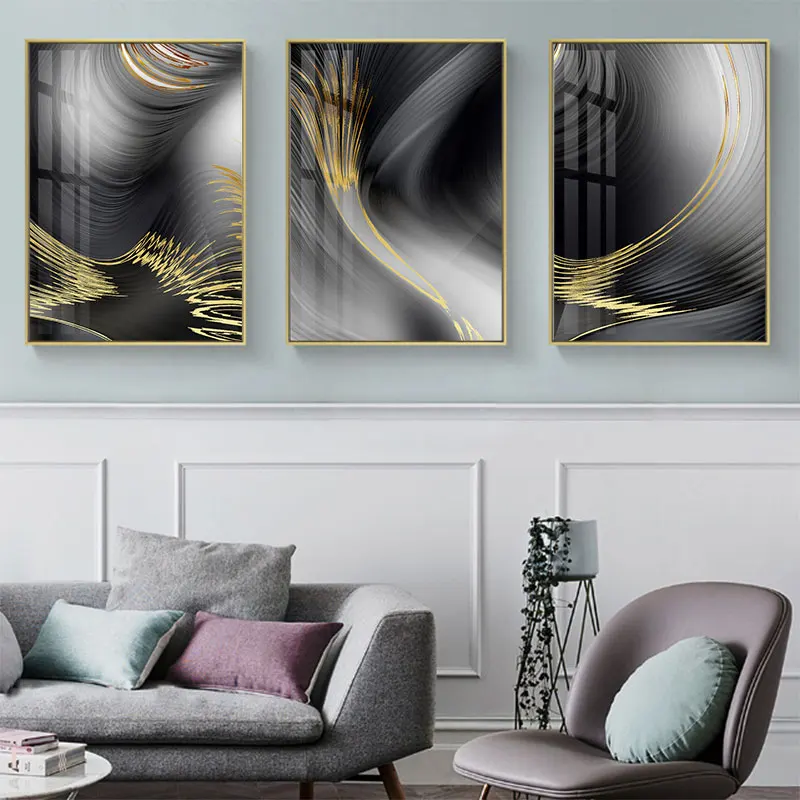 Nordic Abstract Yellow Line Canvas Painting Black Gray Background Posters Print Wall Art Picture Living Room Office Home Decor
