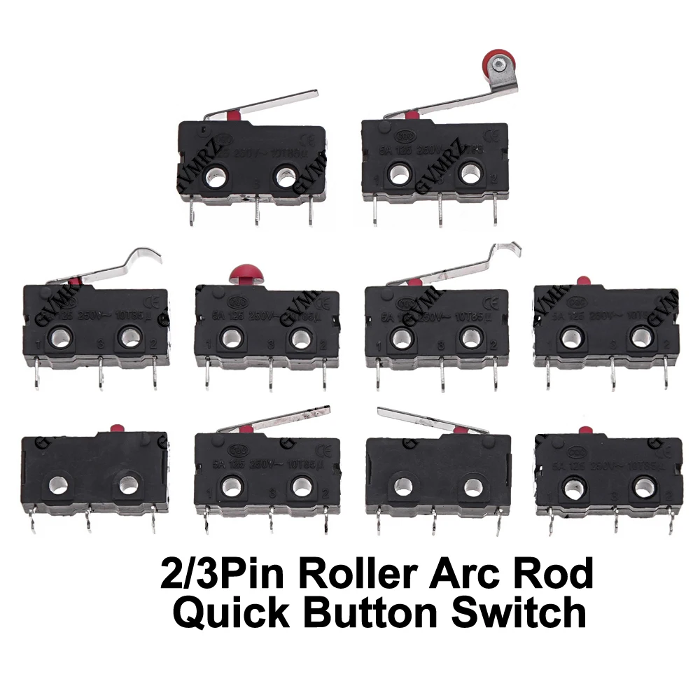 10PCS 5A No Nc 2/3Pin Roller Arc Rod Quick Button Switch Micro Switch Copper Contact 5A 125/250V Mini Limit Switch 2P 3P