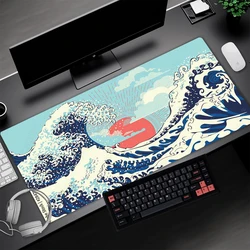 Blue Mousepad Great Wave Japanese Desk Mat Desktop Accessories Keyboard Gaming Pad Aesthetic 100x50 Playmat Anti-slip Custom Rug