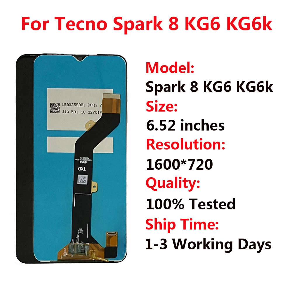 For Tecno Spark 8 KG6 LCD Display Touch Screen Digitizer Tecno Spark 8C KG5k LCD For Tecno KG7 Spark 8P 8T Spark 8 Pro KG8 LCD