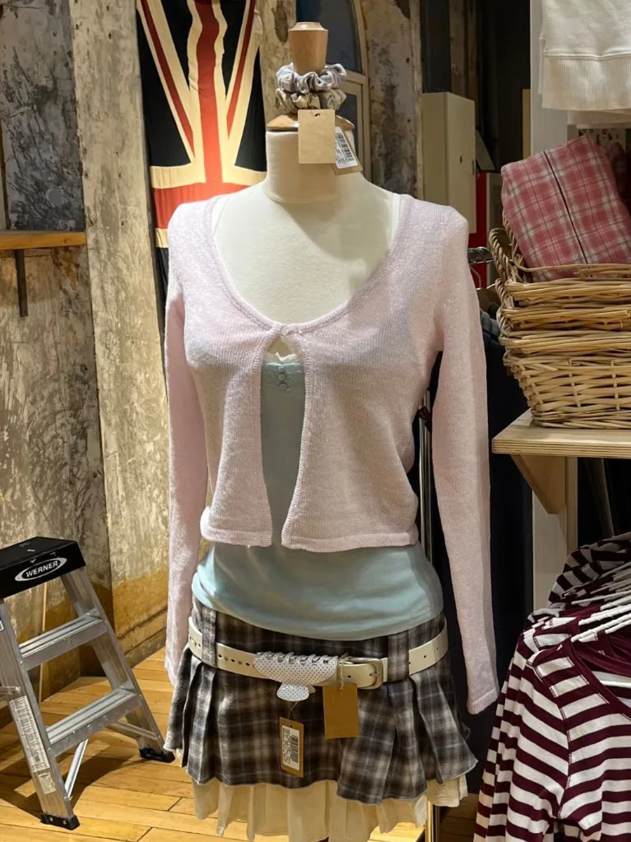 Purple Knitted Long Sleeve T-shirts With Sparkling Threads O-neck Slim Crop Top Woman Autumn Sweet Chic Preppy Style Knitwear