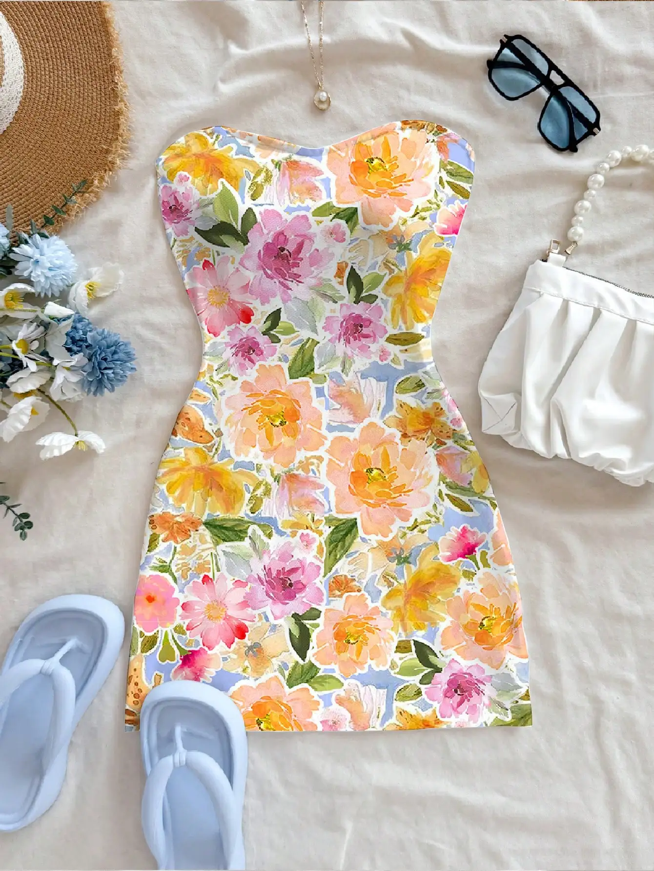 

Женское мини-платье-бандо с цветочным принтом для весны и лета, повседневное, элегантное