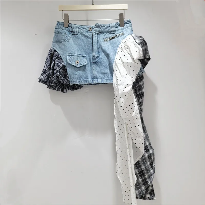 

Fashion Women's Denim Skirts Patchwork Polka Dot Plaid Printed A-line High Waist Short Skirt Summer 2025 New Streetwear Y2K