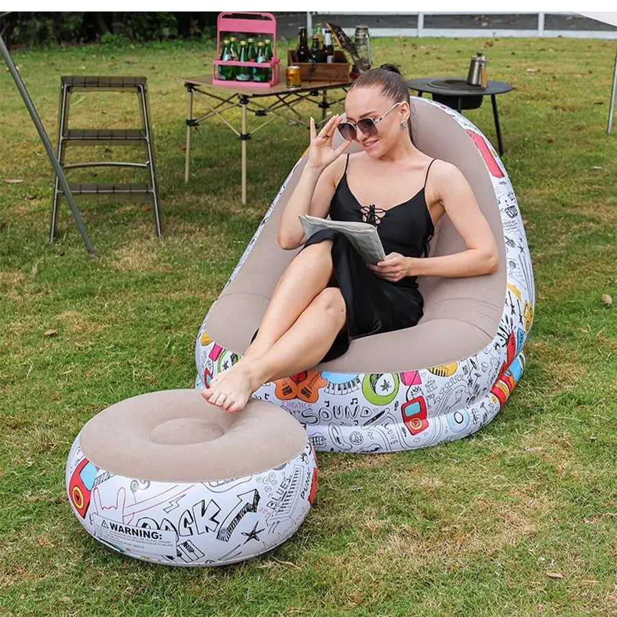 Sofá inflable con superficie flocada, reposapiés de PVC de alta calidad, inflado rápido, para sala de estar y dormitorio
