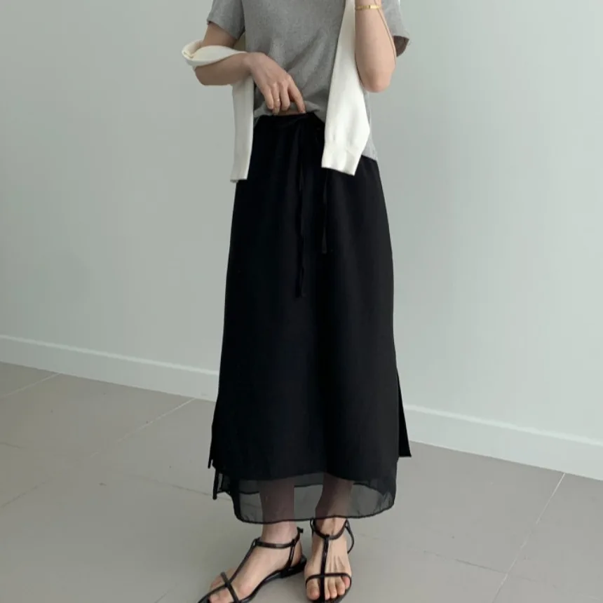 Ele Double Layered Belted Split Midi Skirt for Women Sli Ci Commute Straight Cut Long Skirt Spring New Arrival