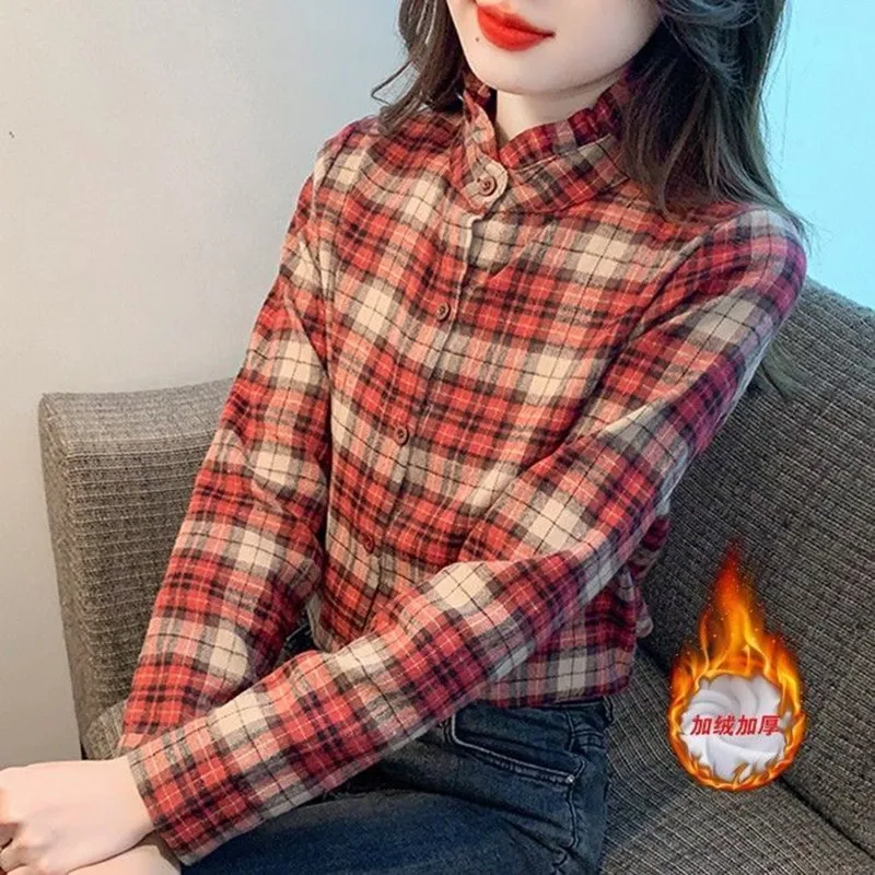 

Autumn Winter Women's Plaid Fleece Shirt 2025 New Fringe Stand Collar Long Sleeve Fleece Tops Check Blouse Female Warm Clothes