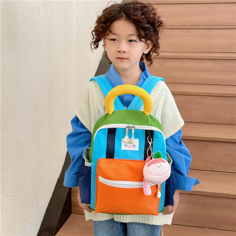 Primary Girl School Backpacks Cute Children\'s Backpack Patchwork Handbags for Boys Travel Storage Bag with Doll Pendant 4-8Y