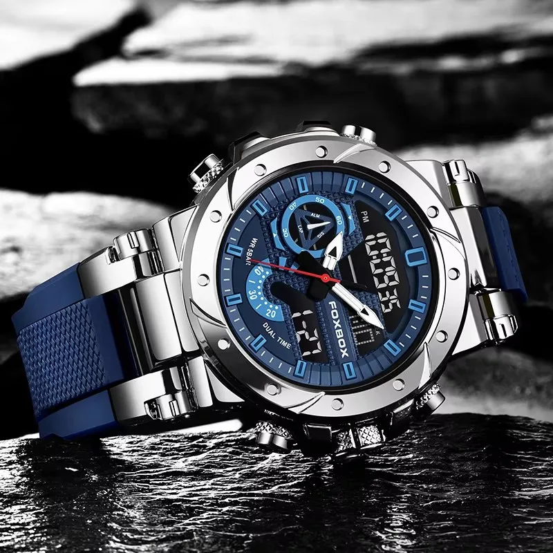 FOXBOX Digital Watch Men Outdoor Sport 5ATM Waterproof LCD Electronic Male Quartz Watches for Men's Chronograph Wristwatch