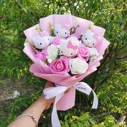 Anime Hello Kitty Cartoon Plush Bouquet Artificial Rose Flowers Doll Christmas Home Wedding Decoration Valentine's Day Gift