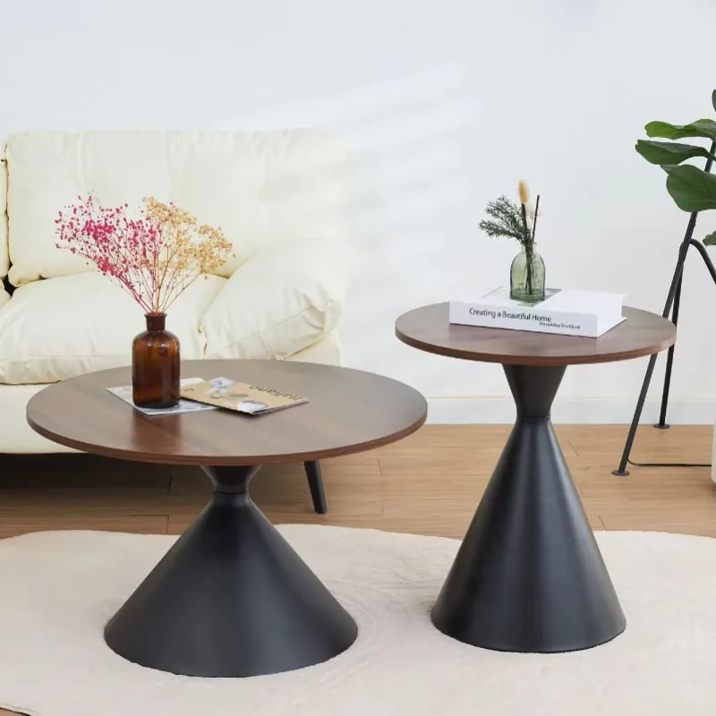 

Creative Cream-Style Round Wood and Metal Tea/Coffee Table Minimalist Mobile Sofa Side Table for Small Spaces Home Living Room