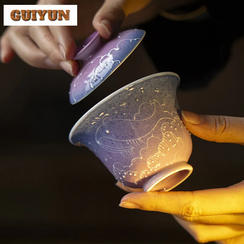 120ml Starry Sky Hand Drawn Whale Arita Porcelain Gaiwan Aesthetic Tea Tureen Tea Bowl With Lid Kit Tea Maker Cover Bowl Tea