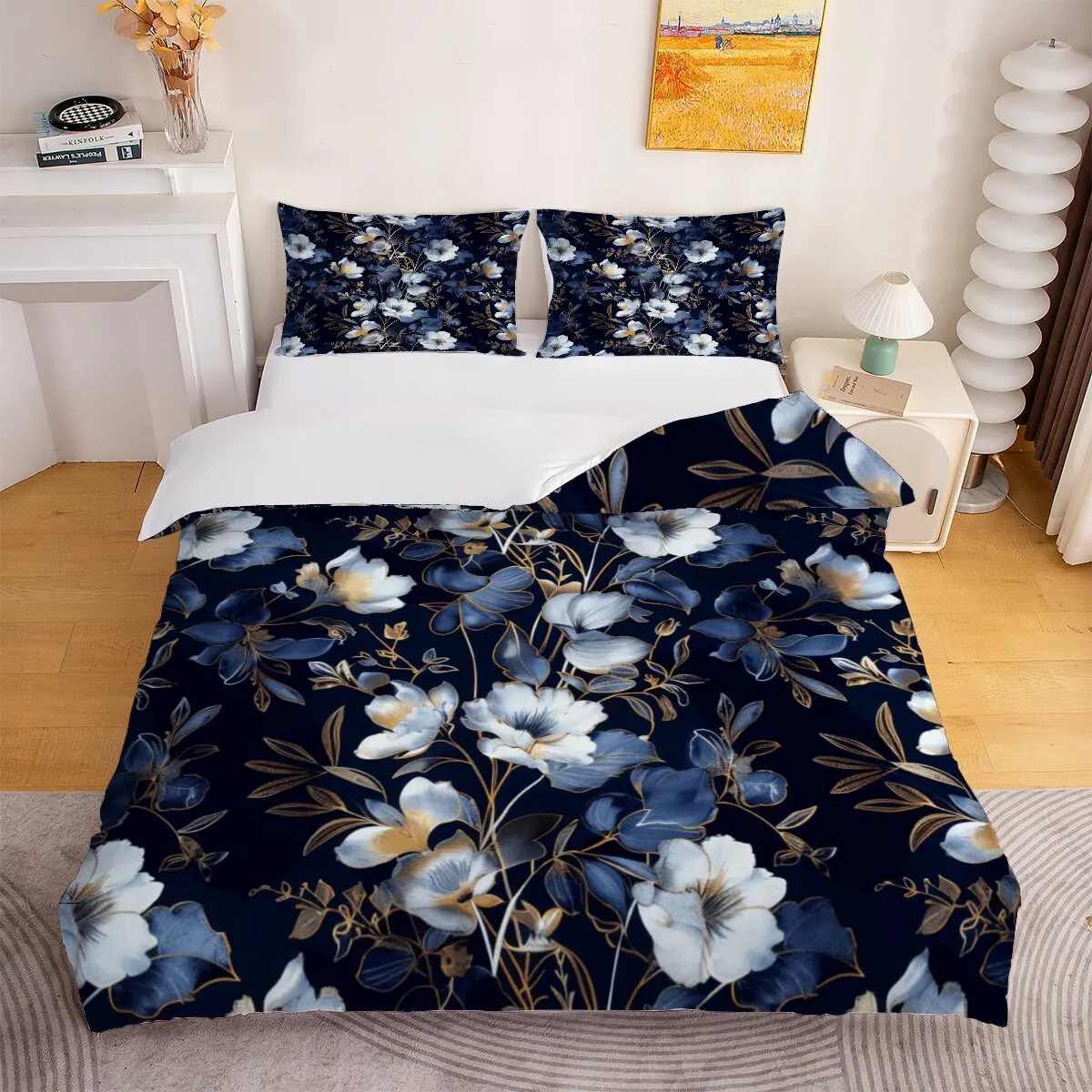 Floral pattern  duvet cover   dark blue background  Duvet cover set, 1 duvet cover and 2 pillowcases