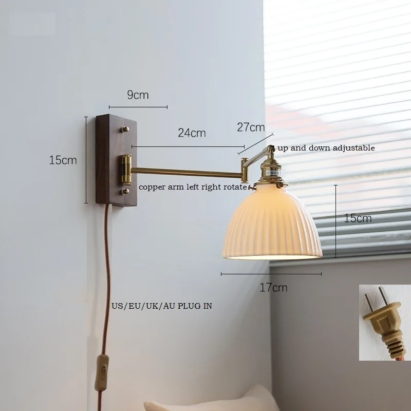 Imagem -02 - Iwhd-plug in Switch Led Wall Light Luminárias Braço de Cobre Esquerda Direita Girar Abajur up Down Pull Chain Switch ao Lado da Lâmpada