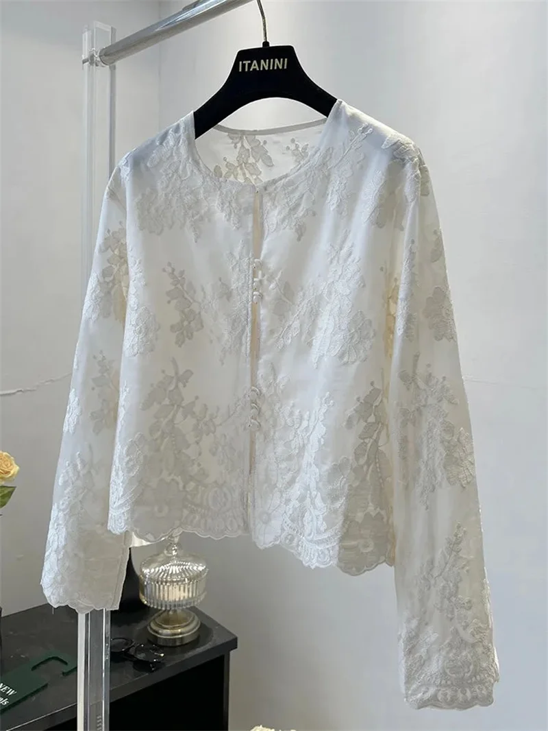 

Woman Blouses Shirts & blouses New Chinese Style Buckle White Lace Loose Shirt Women's Loose Spring new Thin Sunscreen Shirt