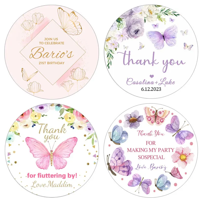 Pink Butterfly Party Sticker Lables Personalized Custom Text Baby Shower Candy Wrapper Stickers Girl Anniversary Birthday Decor