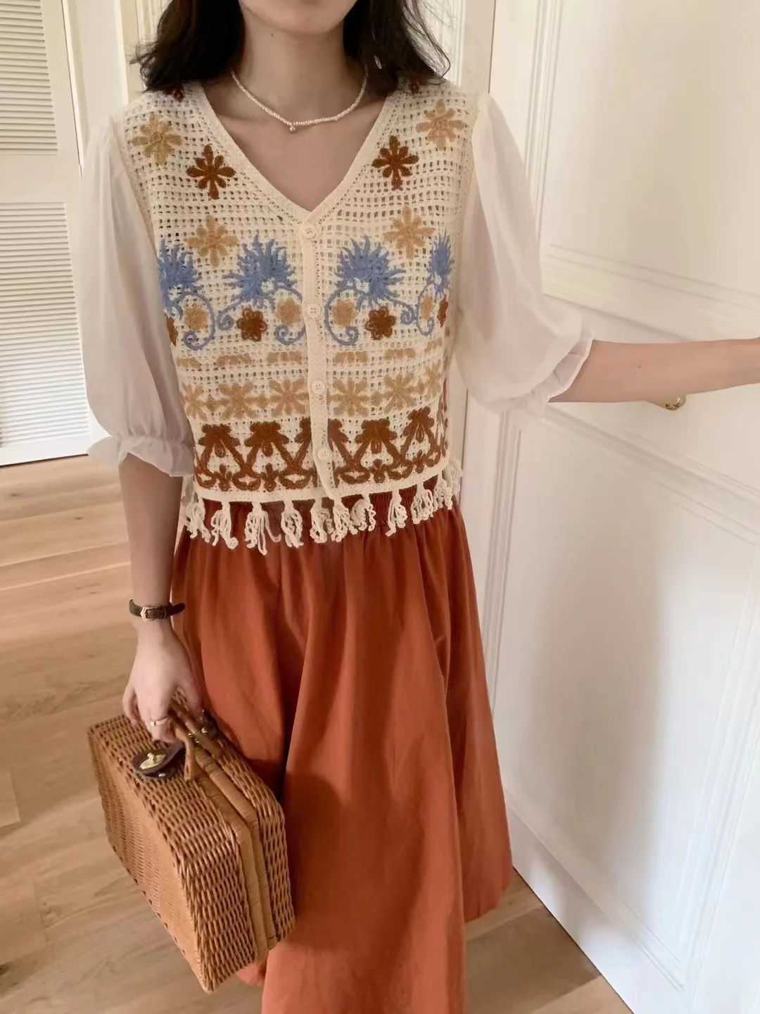 Women Crochet Knit Top with Chiffon Half Sleeve V-Neck Button Down Embroidery Floral Blouse Cardigan Summer Fairycore Outfit