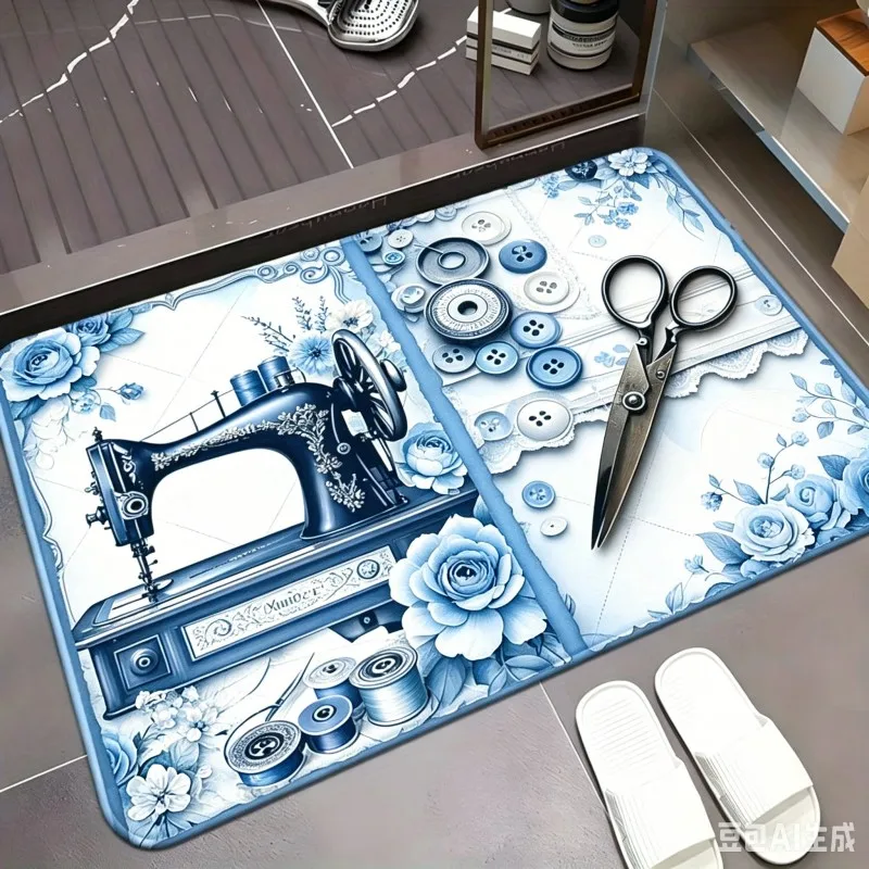 Vintage Sewing Machine Doormat Vintage Scissors Buttons Pattern Front Door Mat Retro Floral Tailor Entryway Rug Home Floor Mat