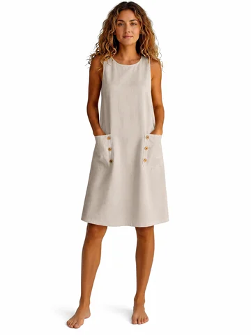 Loose Fit Breathable Linen Sleeveless Dress for Women, Round Neck Midi Tank Dress with Pockets Button Decor, Casual Summer Beach Vacation Tunic Shift Dresses