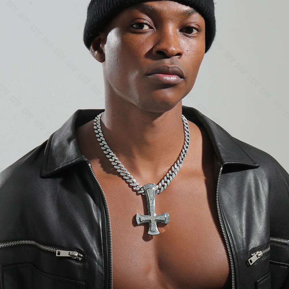 ULJ Hip Hop AAA Reinstones Inverted Cross Pendant Rock Nightclub Men\'s Fashion Iced Out Necklace Jewelry
