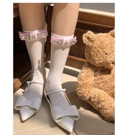 Spring and Summer New Heavy Industry Rhinestone Chain Tube Socks Girl's Pearl Beaded White Black Gray Cotton Socks Female