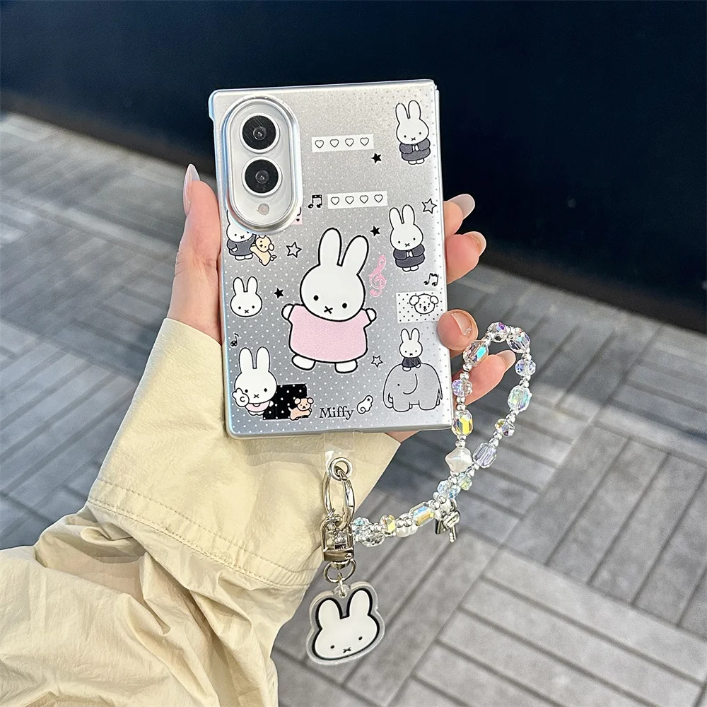 New 2026 Korean Cute Cartoon Silver Phone case for Samsung Galaxy Z Fold 8 Ultra Z Fold 8 PC Miffy Shockproof Cover Stand Chain