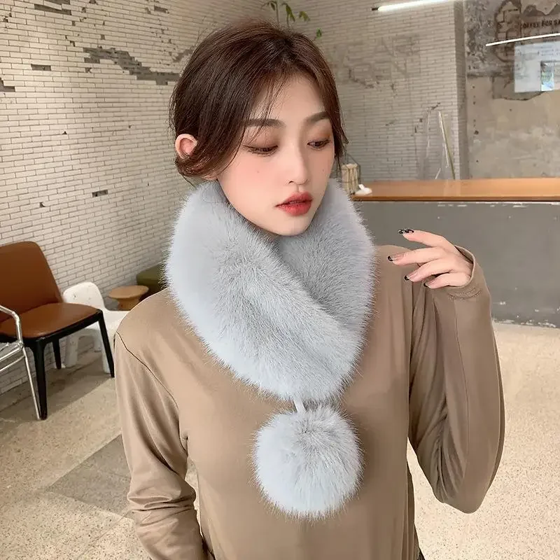 Fashionable and trendy scarf, versatile imitation fur warm scarf, Korean version, white fox fur fur collar, ribbon ball, winter