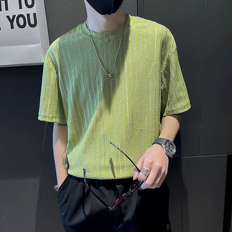 Fashion O-Neck Loose Korean Striped T-Shirt Men's Clothing 2023 Spring New Casual Pullovers Short Sleeve All-match Tee Shirt