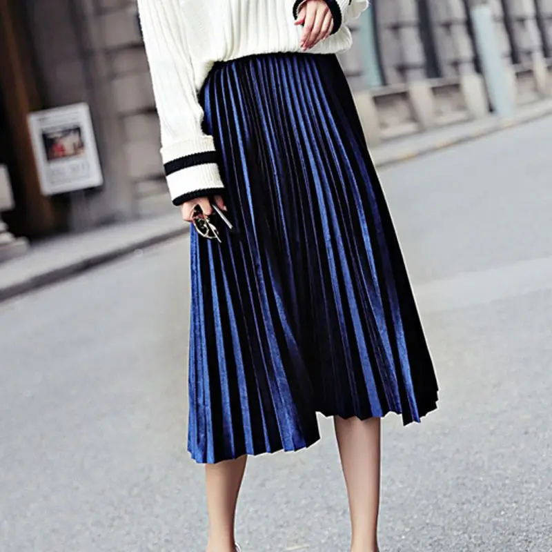 Golden Velvet Pleated Skirts Spring New Elastic Waist All-match Solid Street Casual A-line Skirt Vintage Fashion Women Clothing