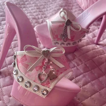 Różowe Klapki z Ozdobnym Węzłem Motylkowym z Przodu, Odkryte Palce, Platforma, Szpilka, Wysoki Obcas, Letnie 2026, Słodkie Kryształki po Bokach, Do Tańca na Rurze