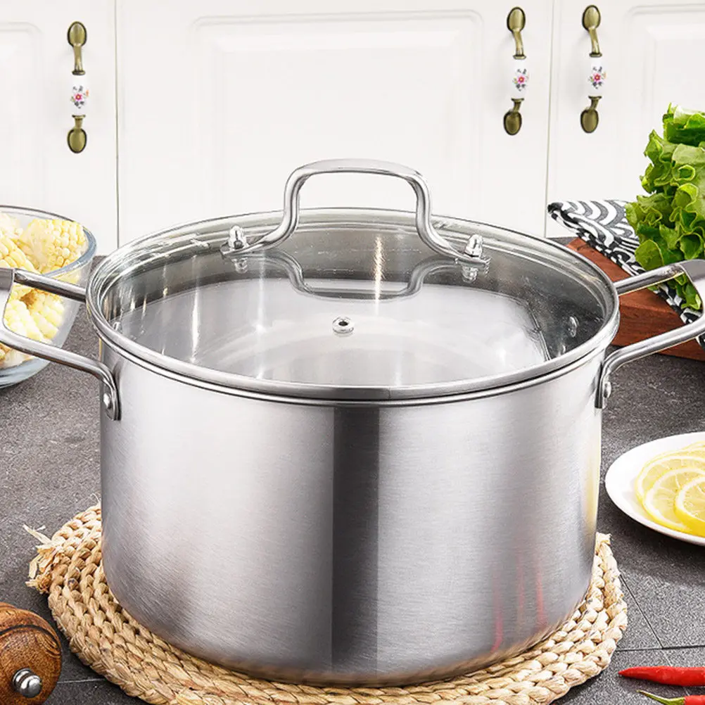 

1Pcs Large Capacity Stainless Steel Soup Pot Tempered Glass Cover Riveted Handle Steamed Soup Pot for Family