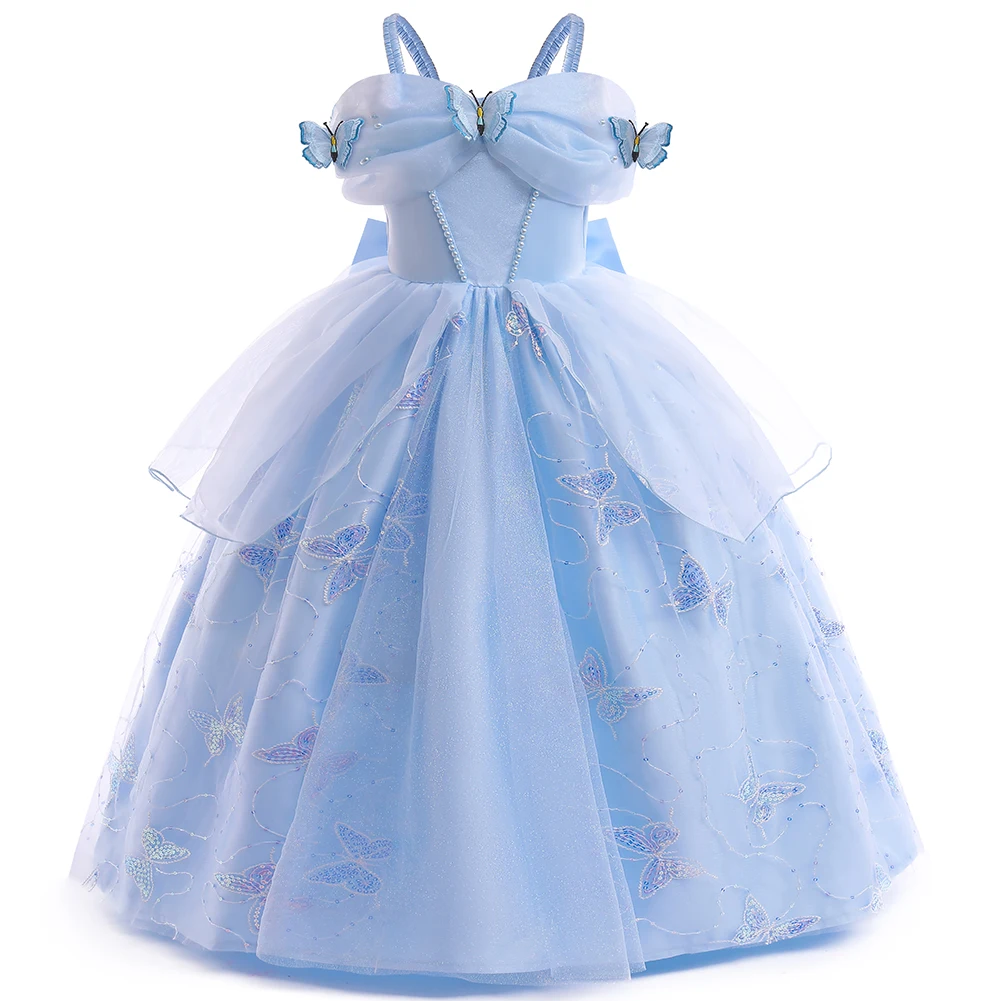 

Girls Blue Princess Mesh Dress With Butterfly Embroidery Kids Carnival Birthday Party Gown Halloween Cinderella Cosplay Costume