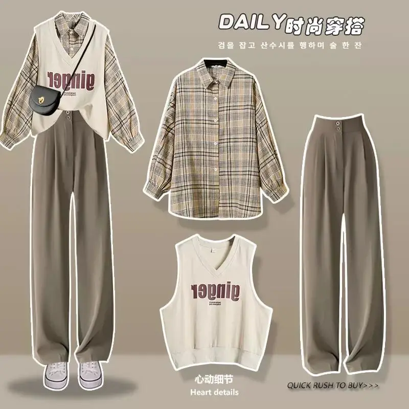 2023 Early Autumn Set Female Student Korean Loose Long Sleeve Checked Shirt+Vest+Wide Leg Pants Three Piece Set Two Piece Sety