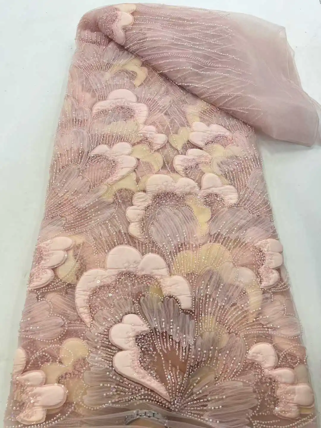 African 3D Applique Lace Fabric 2026 High Quality 5 Yards Nigerian Sequins Tulle Fabric French Material For Wedding Party Dress