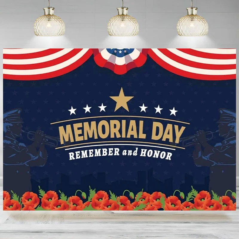 

Memorial Day Backdrop Remember Honor Banner Patriotic Decoration Fresh flower Photographic Background Party