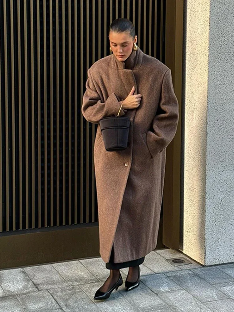 Brown Women Long Windbreaker Elegant Scarf Collar Double Breasted Long Sleeve Female Winter Coat 2025 Autumn Loose Lady Outwears