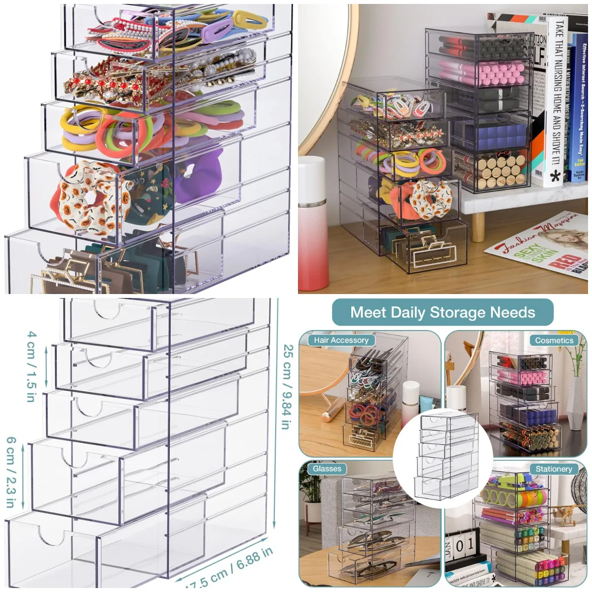 

Clear Plastic Hair Accessory Organizer with 5 Drawers, Storage Box for Hair Ties & Accessories