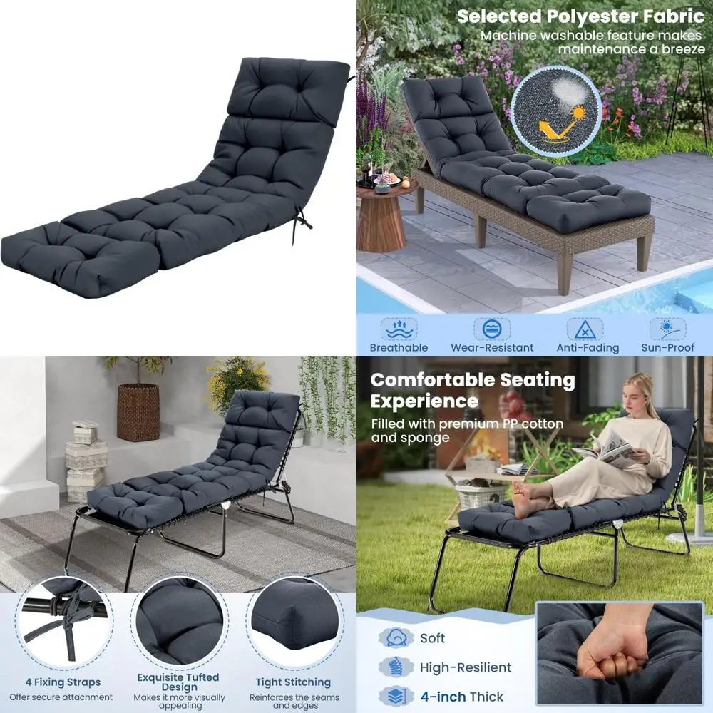 

Outdoor High Back Recliner Cushion, 73 x 22 Patio Lounge Cushion with 4 String Ties, 4 Thick Padded for Comfortable Relaxation