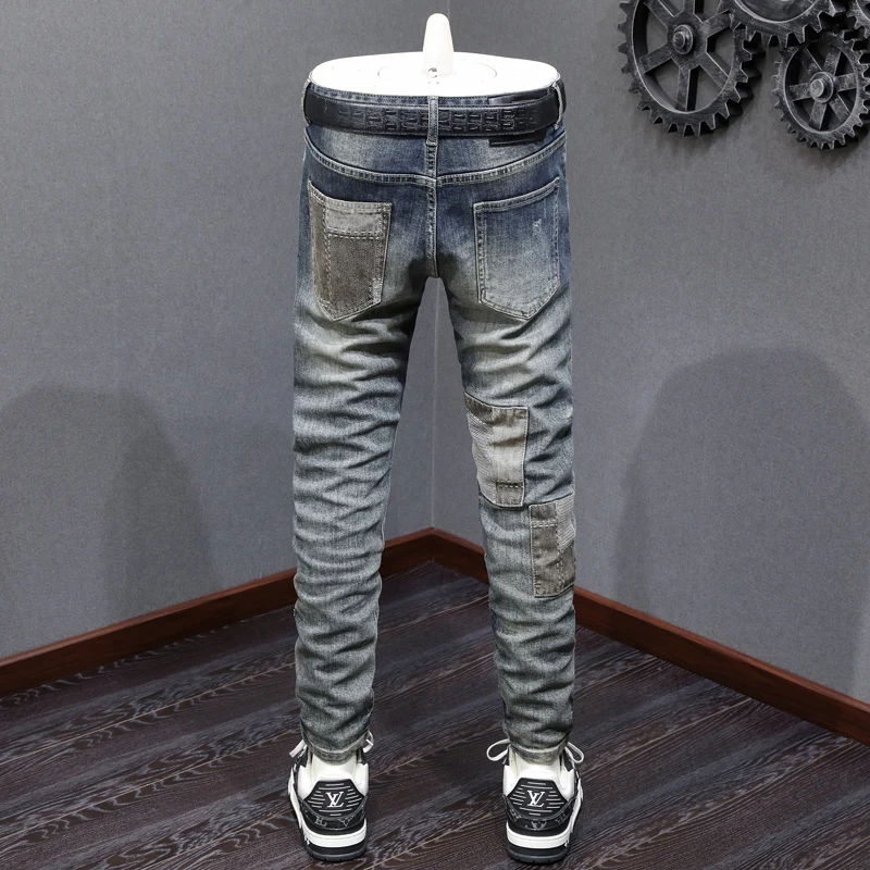 Streetwear Fashion Men Jeans Retro Washed Blue Stretch Slim Fit Ripped Jeans Men Patched Designer Hip Hop Denim Pants Hombre