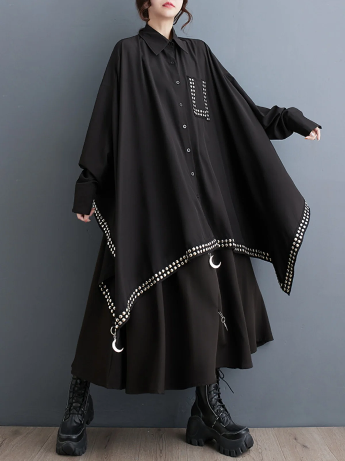 ربيع 2025 تصميم نسائي فضفاض من Faion k بحاشية غير متماثلة مرقع للتخسيس irt Dr Commute Sle Long Sve Midi...